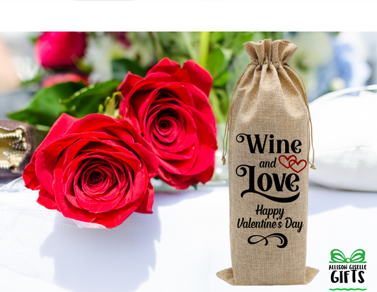 Wine and Love Wine Bag, Wine Totes, Valentine Burlap Wine Bag, Holiday Wine Bags