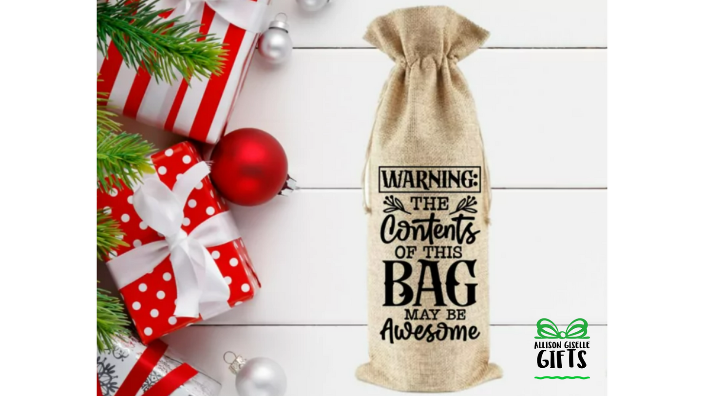 Warning the Contents of this Bag Wine Bag, Christmas Burlap Wine Bag, Holiday Wine Bags, Wine Totes
