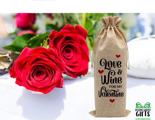 Love and Wine Bag, Wine Totes, Valentine Burlap Wine Bag, Holiday Wine Bags