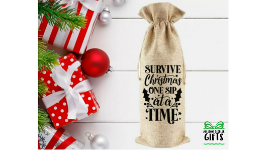 Survive Christmas One Sip at a Time Wine Bag, Christmas Burlap Wine Bag, Holiday Wine Bags, Wine Totes