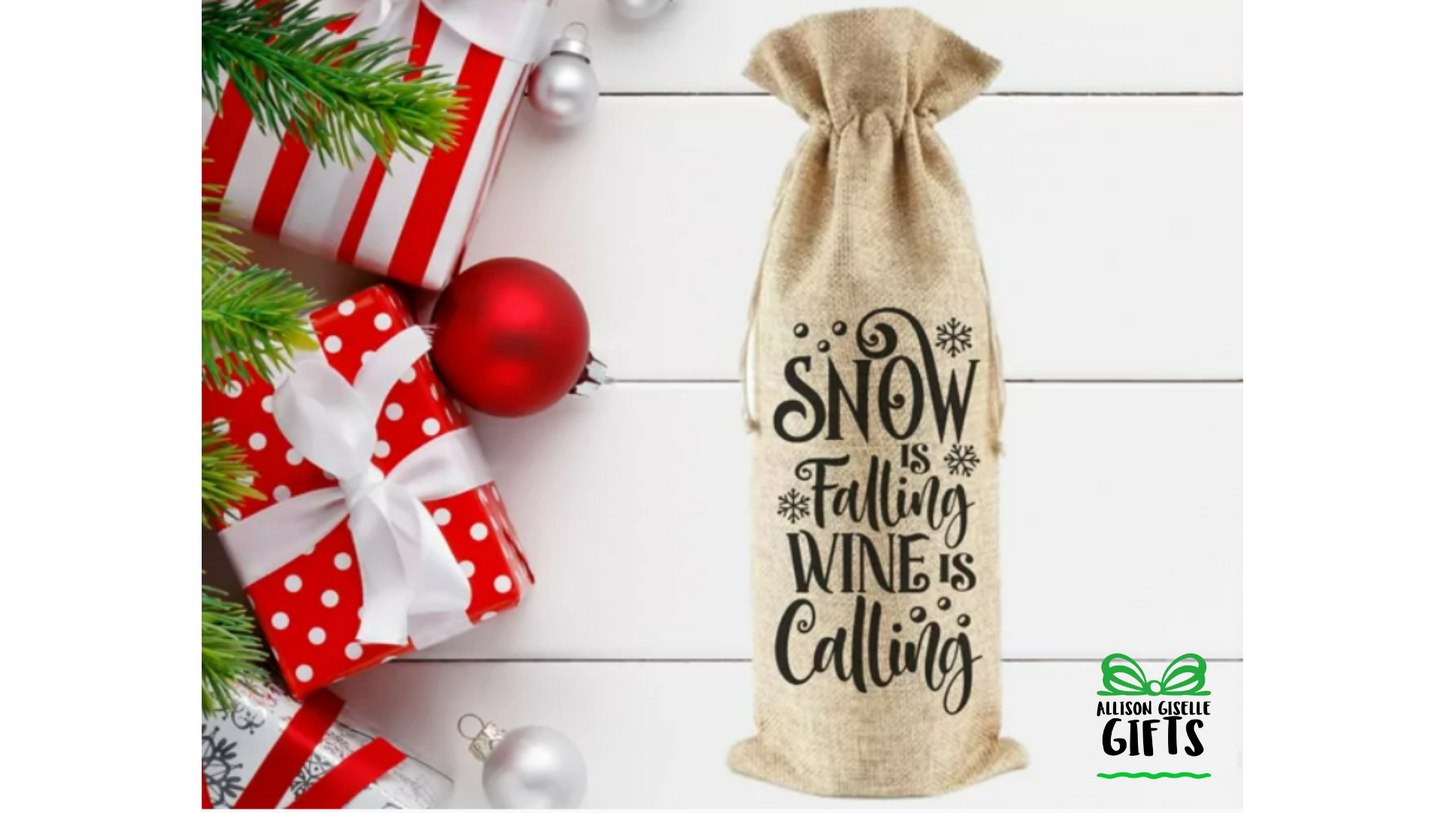 Snow is Falling Wine is Calling Wine Bag, Christmas Burlap Wine Bag, Holiday Wine Bags, Wine Totes