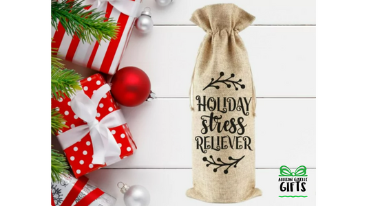 Holiday Stress Reliever Wine Bag, Christmas Burlap Wine Bag, Holiday Wine Bags, Wine Totes