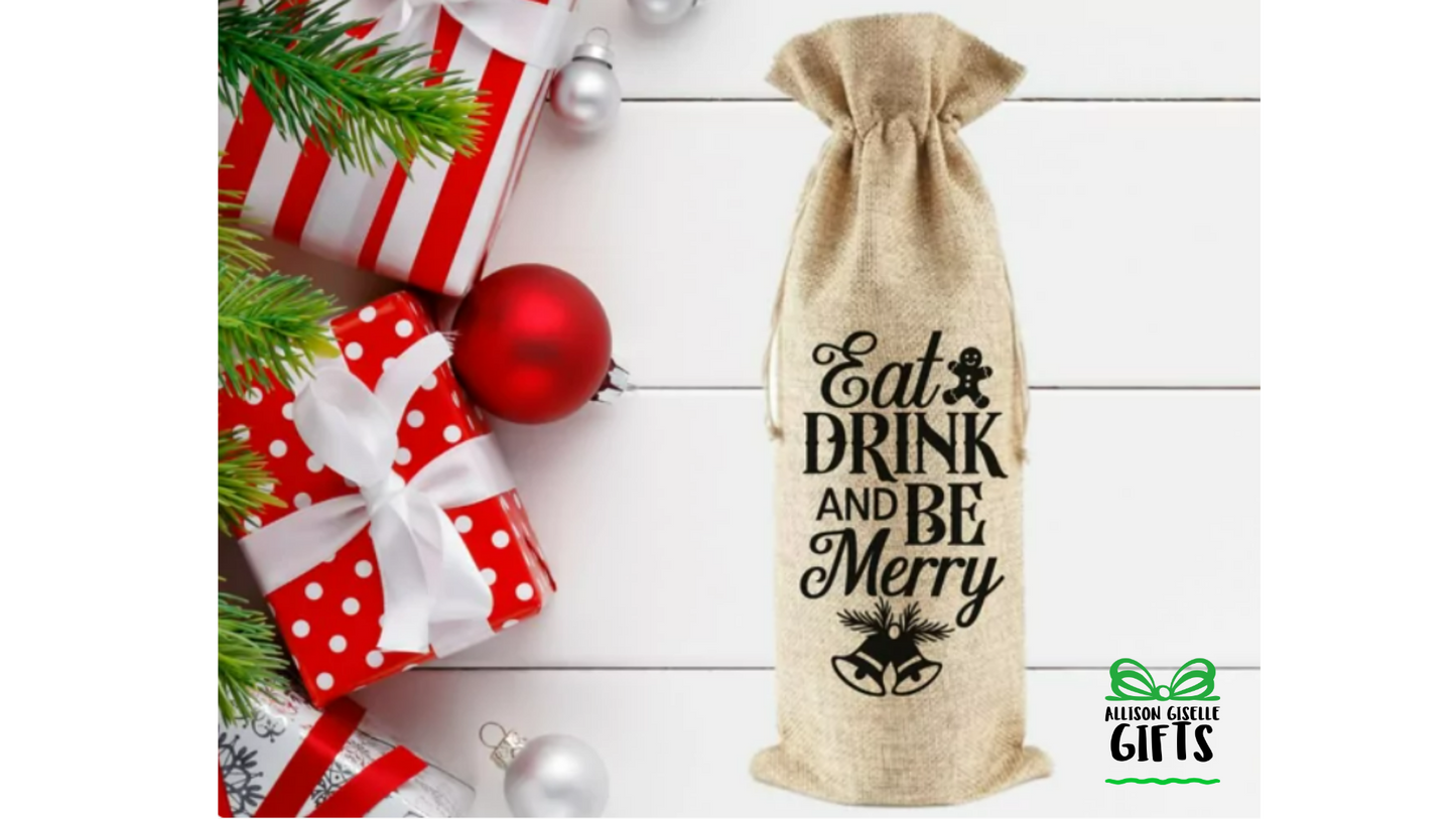 Eat Drink and Be Merry Wine Bag, Christmas Burlap Wine Bag, Holiday Wine Bags, Wine Totes