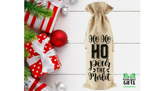 Ho Ho Ho Pour Wine Bag, Christmas Burlap Wine Bag, Holiday Wine Bags, Wine Totes