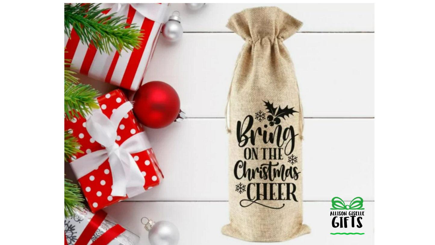 Bring on the Christmas Cheer Wine Bag, Christmas Burlap Wine Bag, Holiday Wine Bags, Wine Totes