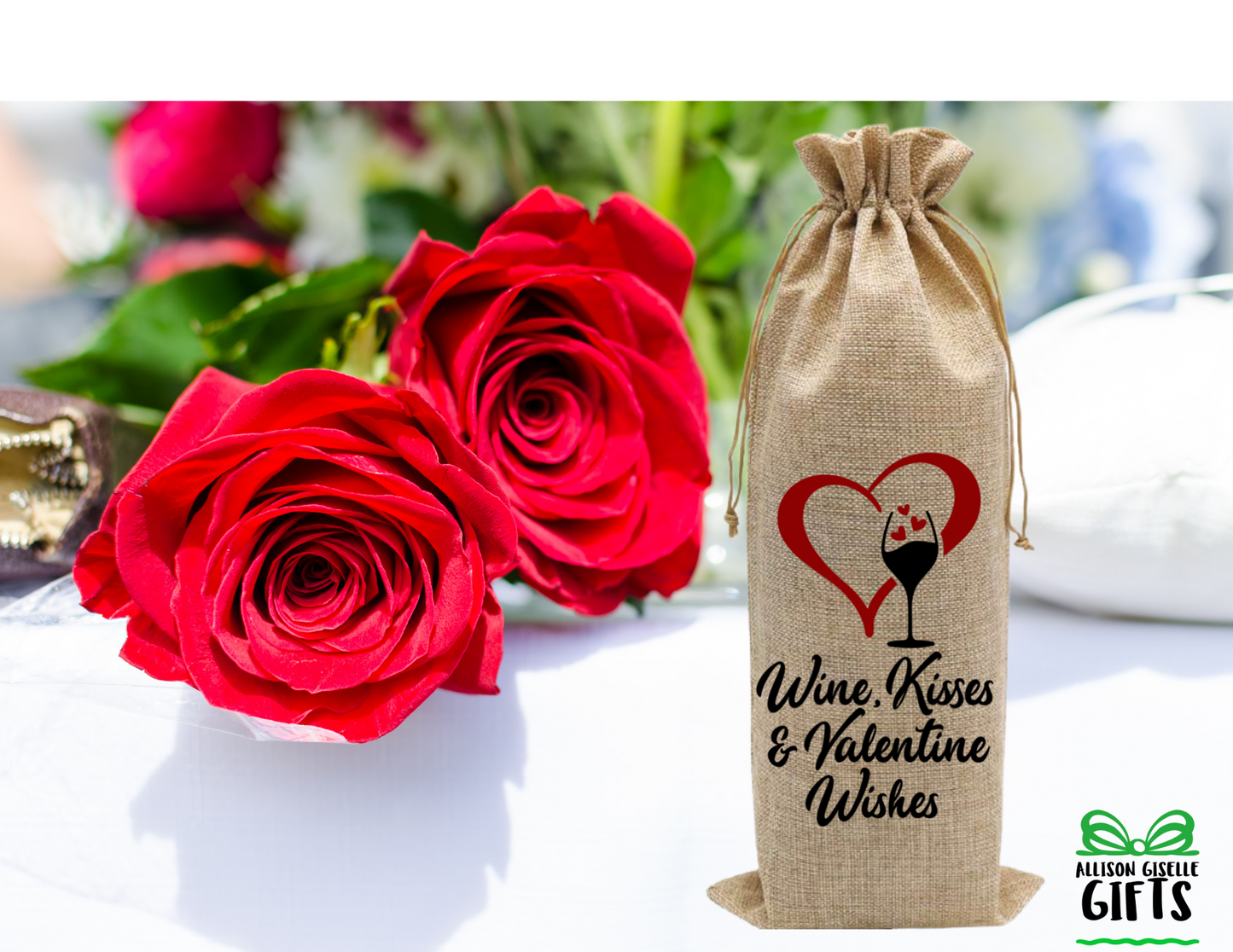 Wine, Kisses & Valentine Wishes Wine Bag, Wine Totes, Valentine Burlap Wine Bag, Holiday Wine Bags